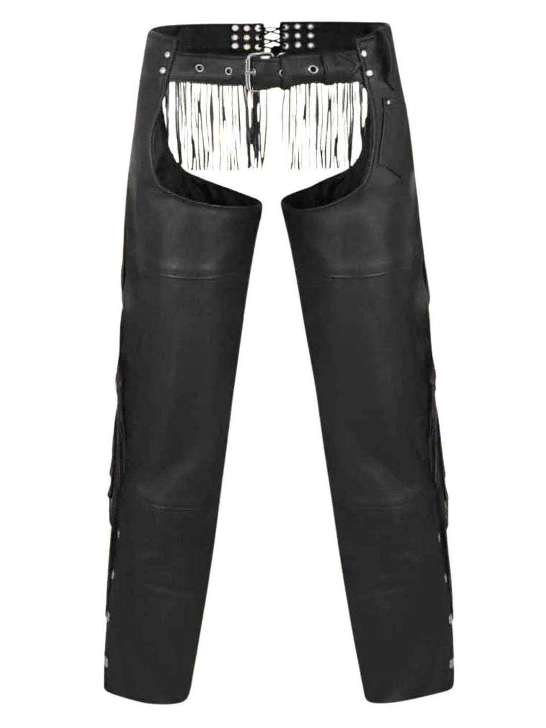 black leather fringe chaps with belt and studs front view