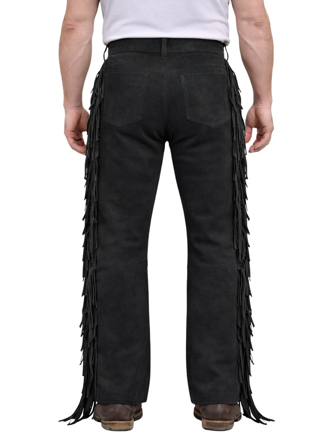 Black fringed pants worn by a person on a white background