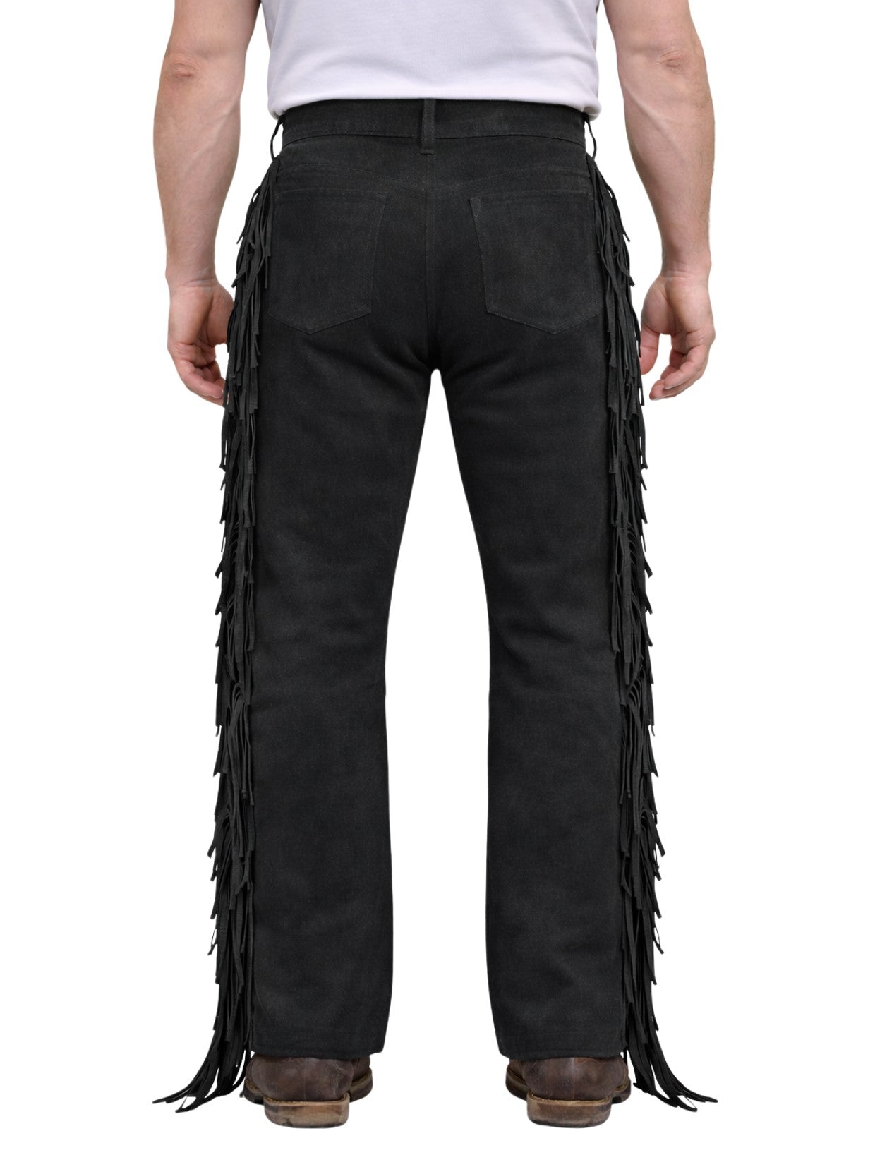 Black fringed pants worn by a person on a white background