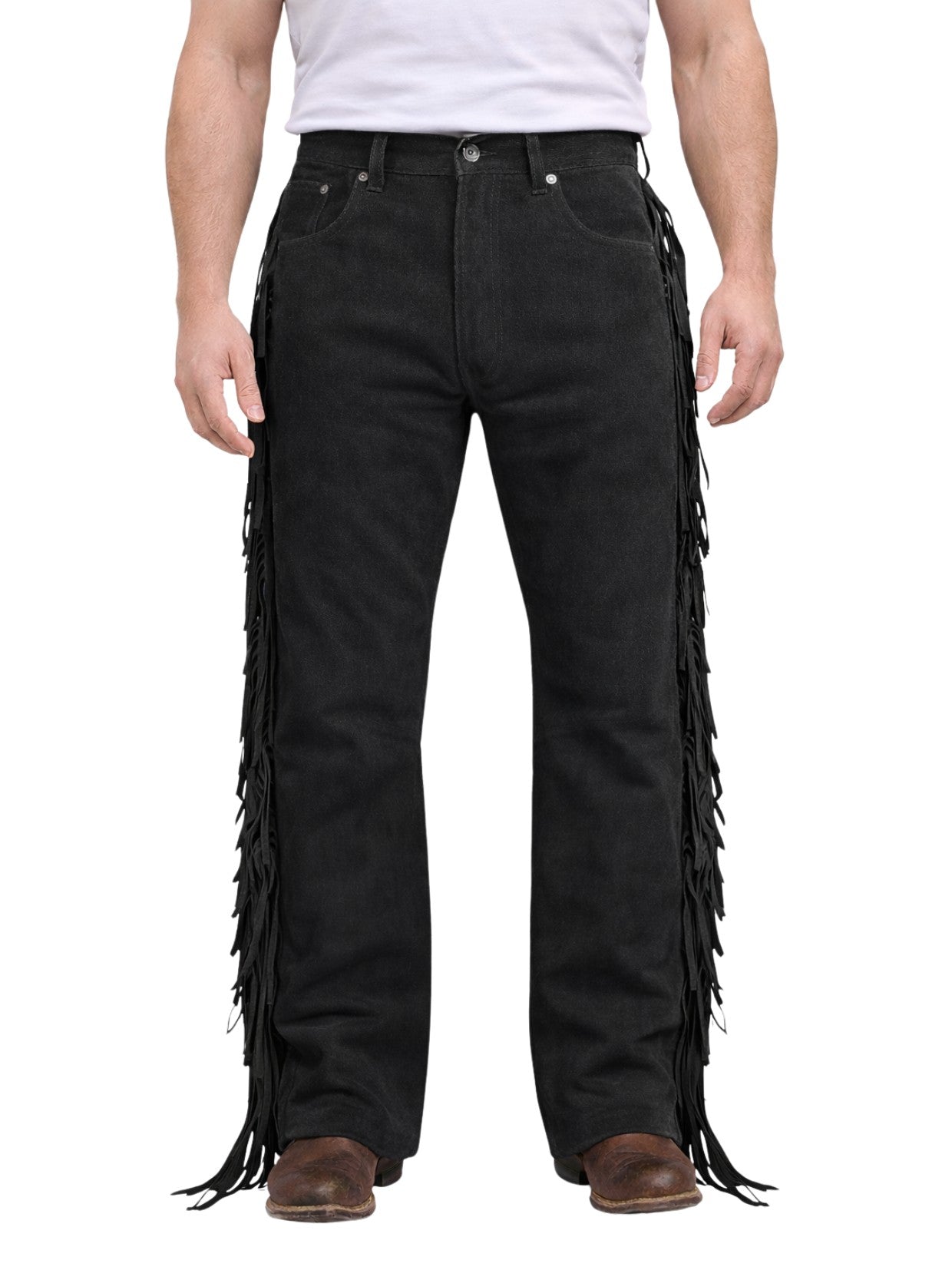 Black fringed pants worn by a person on a white background