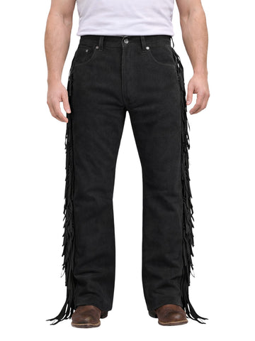 Black fringed pants worn by a person on a white background