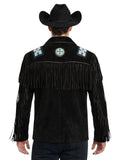 black suede cowboy fringe jacket beaded back