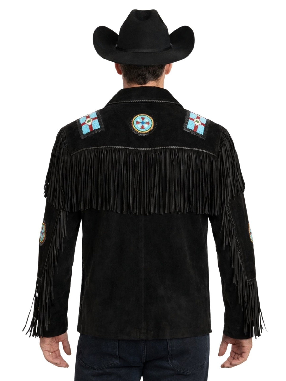 black suede cowboy fringe jacket beaded back
