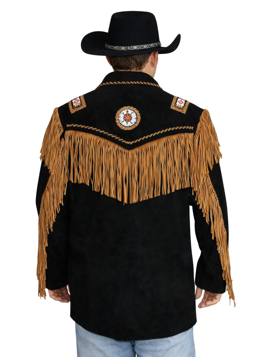 mens black western fringe jacket bone bead