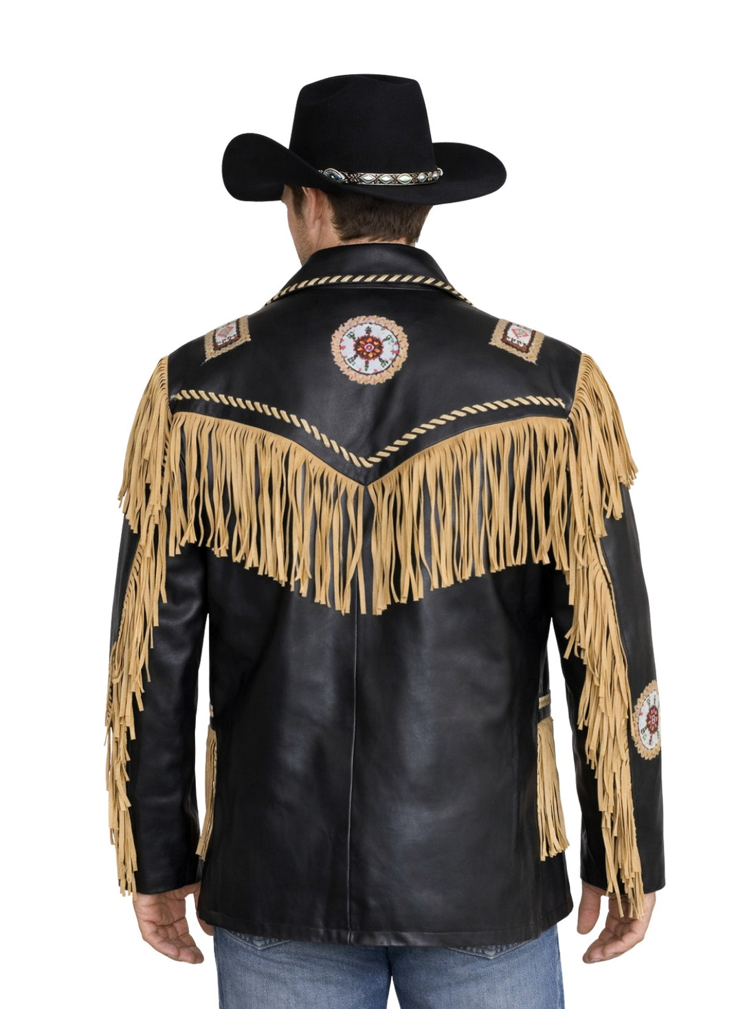 mens black cowboy fringe leather jacket beaded