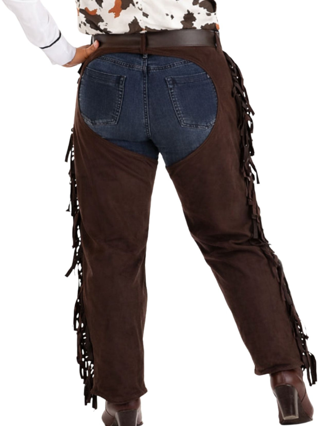 brown leather fringe chaps with belt and buckle front view
