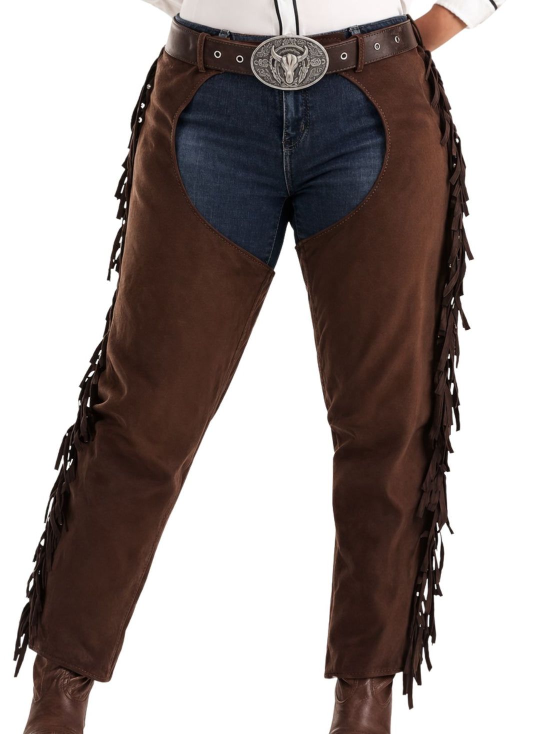 brown leather fringe chaps with belt and buckle front view