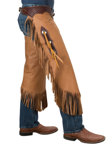 brown leather fringe chinks worn over jeans