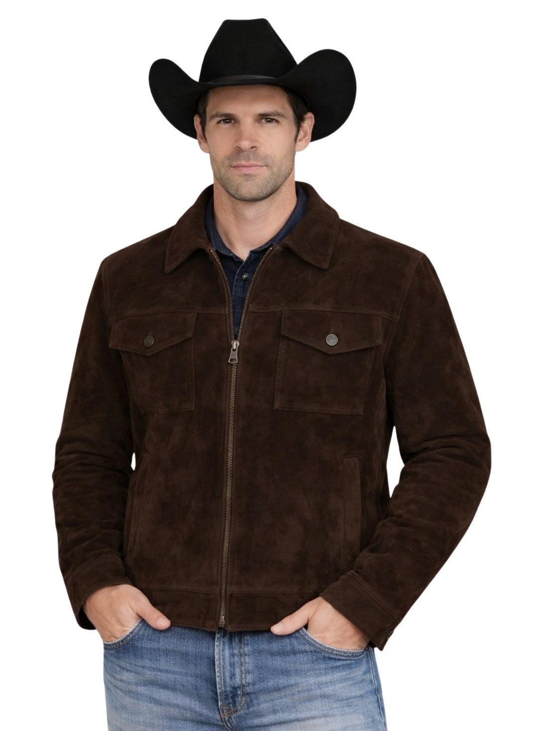 Chocolate Brown Suede Cowboy Trucker Jacket front