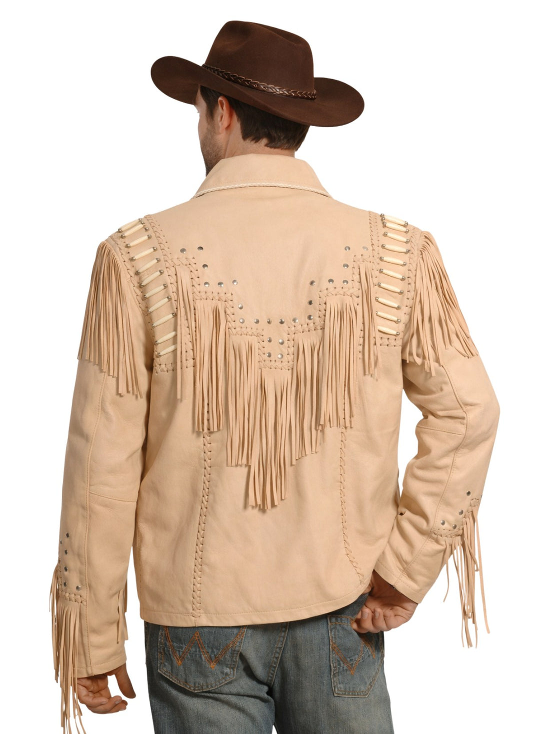 Man wearing a beige fringed leather jacket and brown cowboy hat on a white background