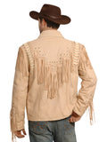 Man wearing a beige fringed leather jacket and brown cowboy hat on a white background