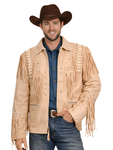 Man wearing a beige fringed leather jacket and brown cowboy hat on a white background