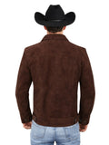 Dark brown suede trucker jacket men's back view