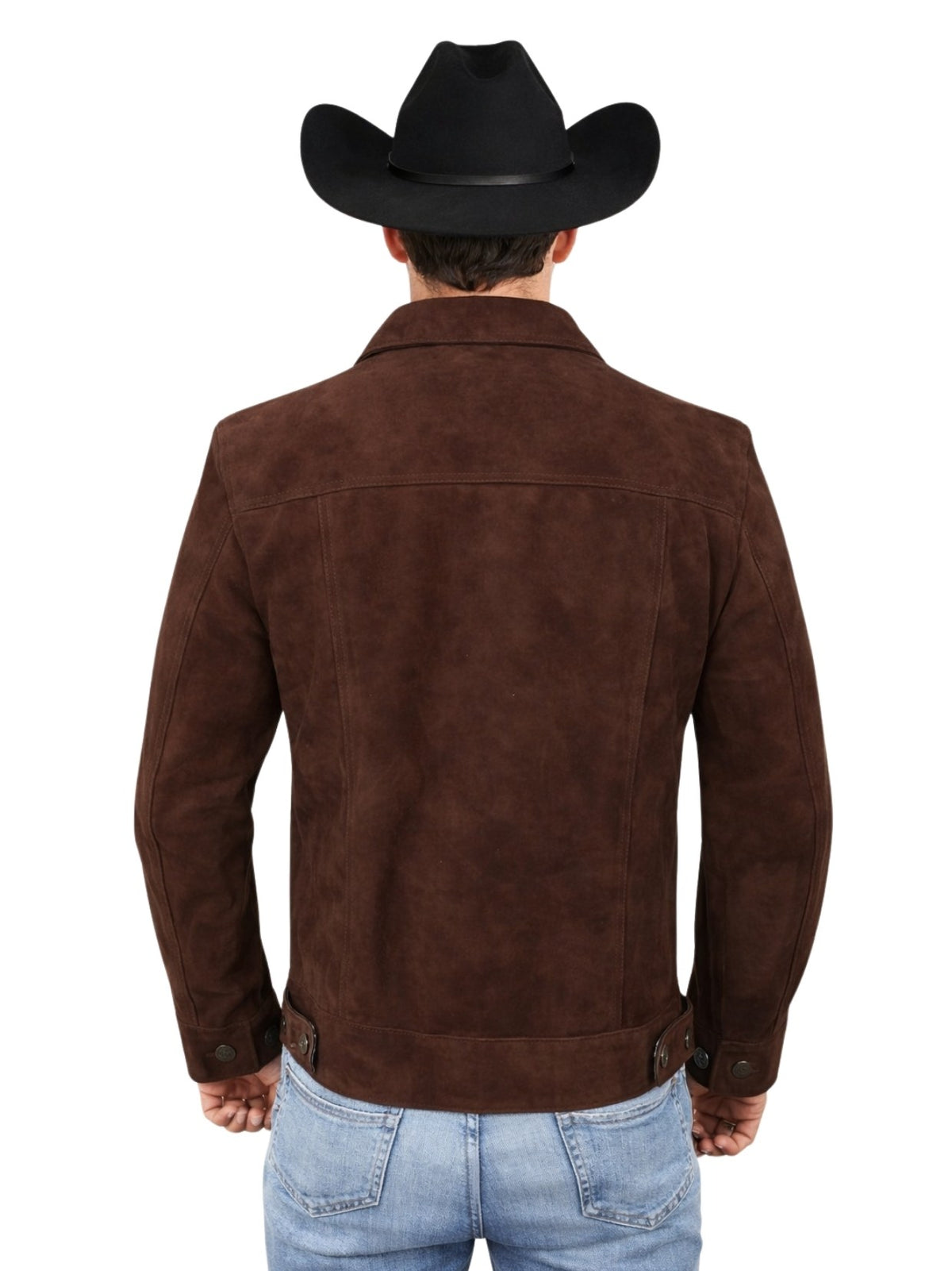 Dark brown suede trucker jacket men's back view