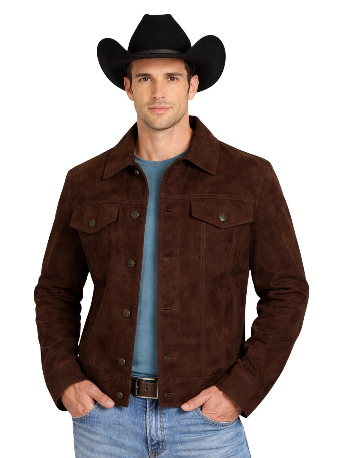 Dark brown suede trucker jacket for men front view