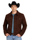 Dark brown suede trucker jacket for men front view