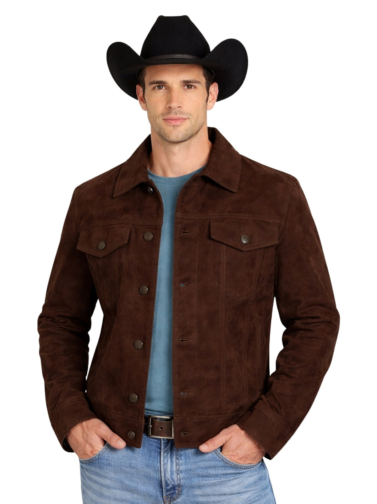 Dark brown suede trucker jacket for men front view