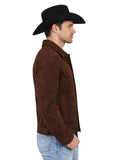 Dark brown suede trucker jacket men's side view
