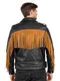 mens black biker jacket contrast tan fringe back