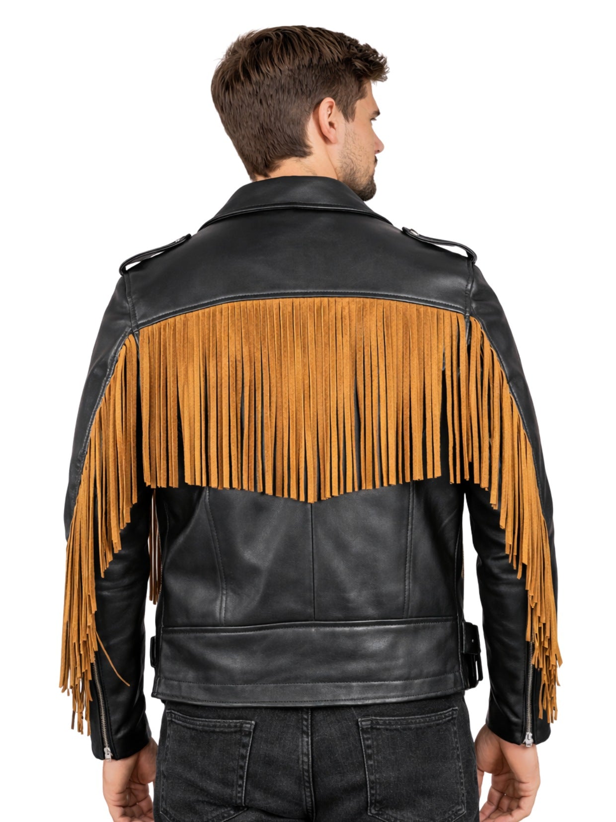 mens black biker jacket contrast tan fringe back
