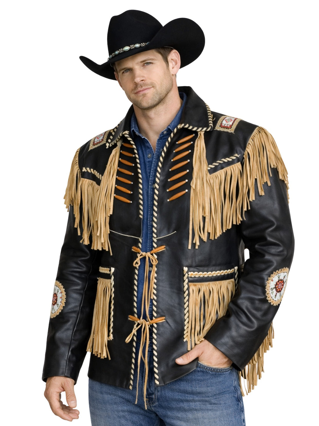 mens black cowboy fringe leather jacket beaded