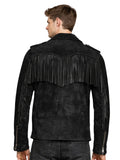 Back view of men’s black suede biker jacket with shoulder and sleeve fringe