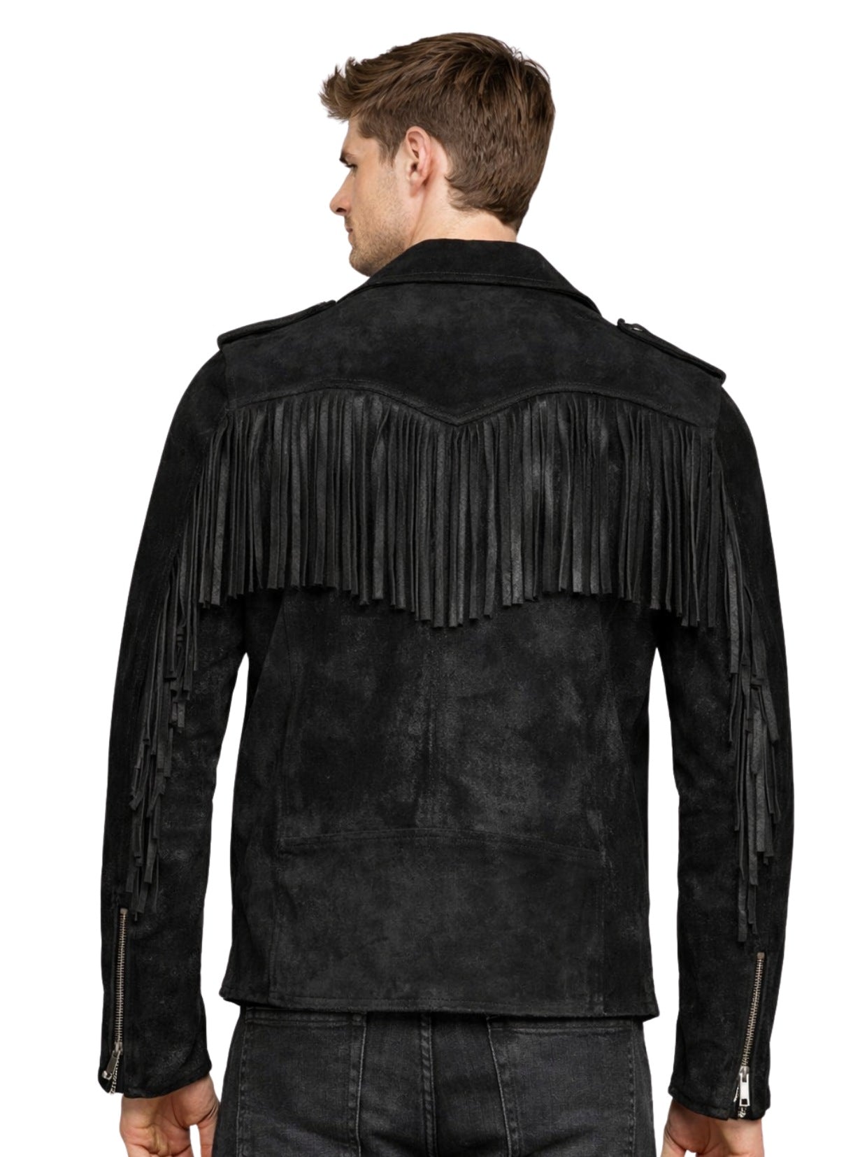 Back view of men’s black suede biker jacket with shoulder and sleeve fringe