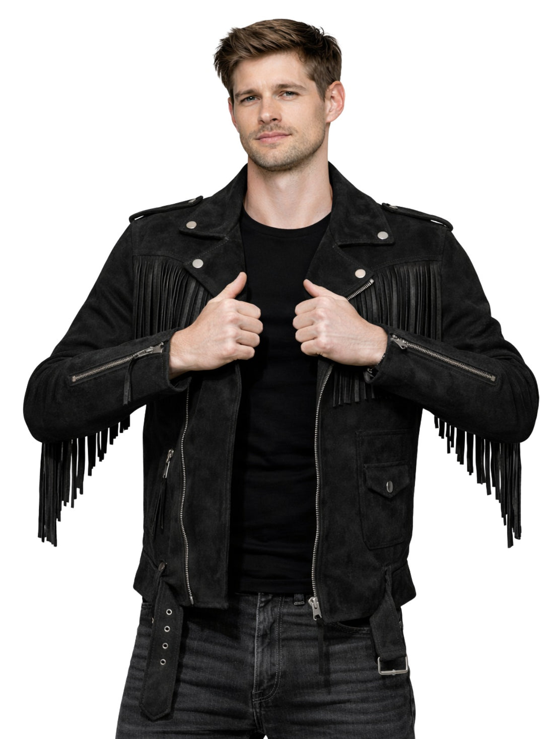 Men’s black fringe biker jacket with asymmetrical zipper, front view
