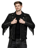 Men’s black fringe biker jacket with asymmetrical zipper, front view