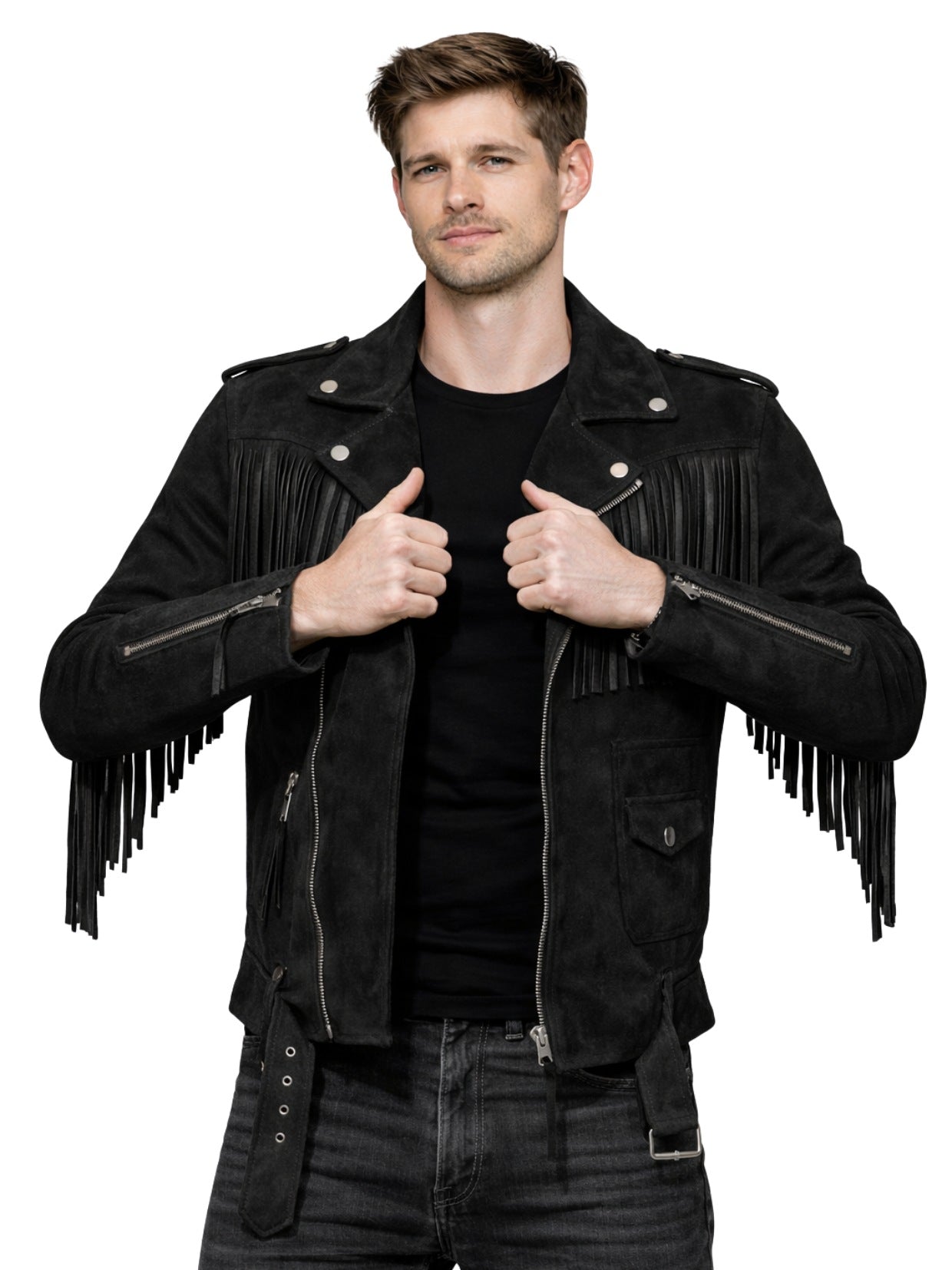 Men’s black fringe biker jacket with asymmetrical zipper, front view