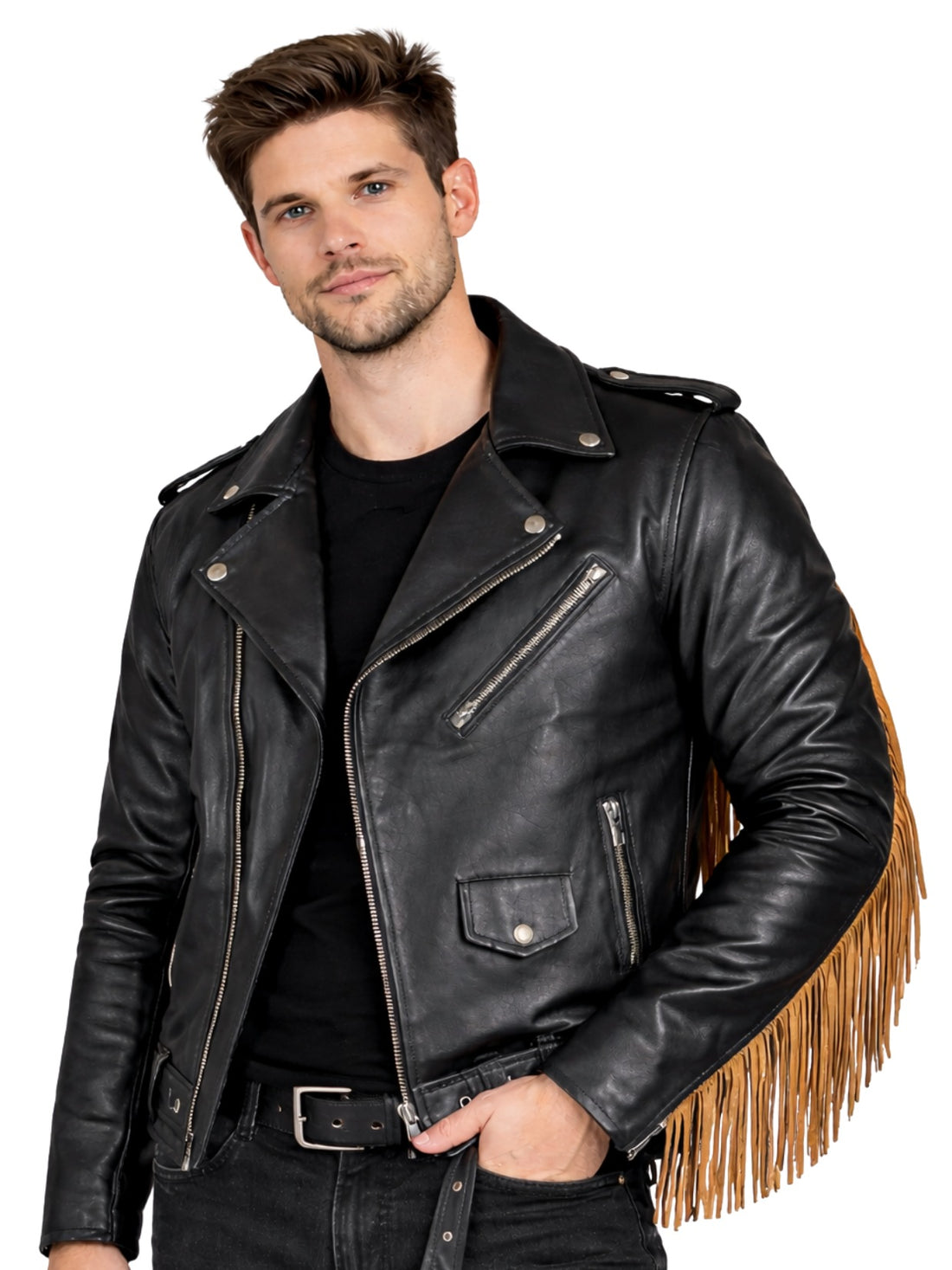 mens black leather biker jacket tan fringe front