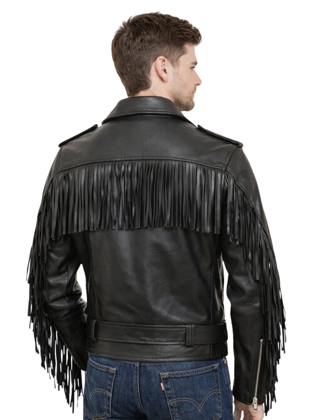 Men’s black leather fringe biker jacket with asymmetrical zipper, front view