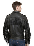 Back view of men’s black leather biker jacket with shoulder and sleeve fringe