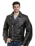 Men’s black leather fringe biker jacket with asymmetrical zipper, front view