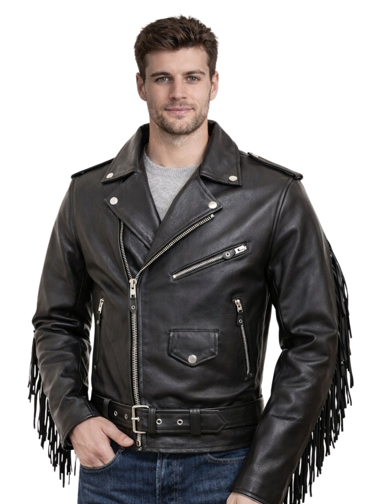 Men’s black leather fringe biker jacket with asymmetrical zipper, front view