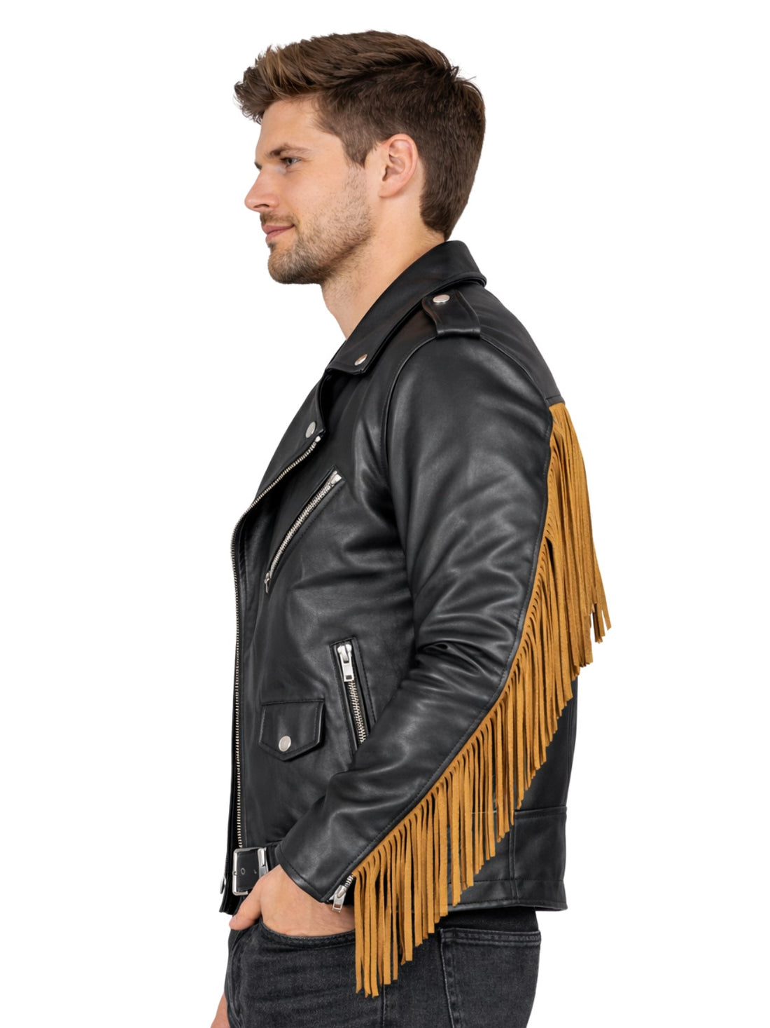 mens black leather biker jacket tan fringe front
