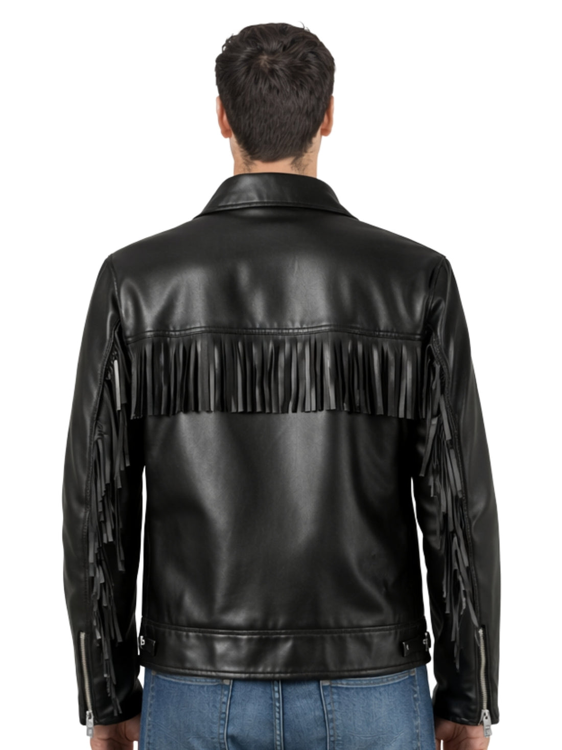 Men’s black genuine leather Western fringe jacket, front view