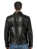Back view of men’s black leather jacket with shoulder and sleeve fringe