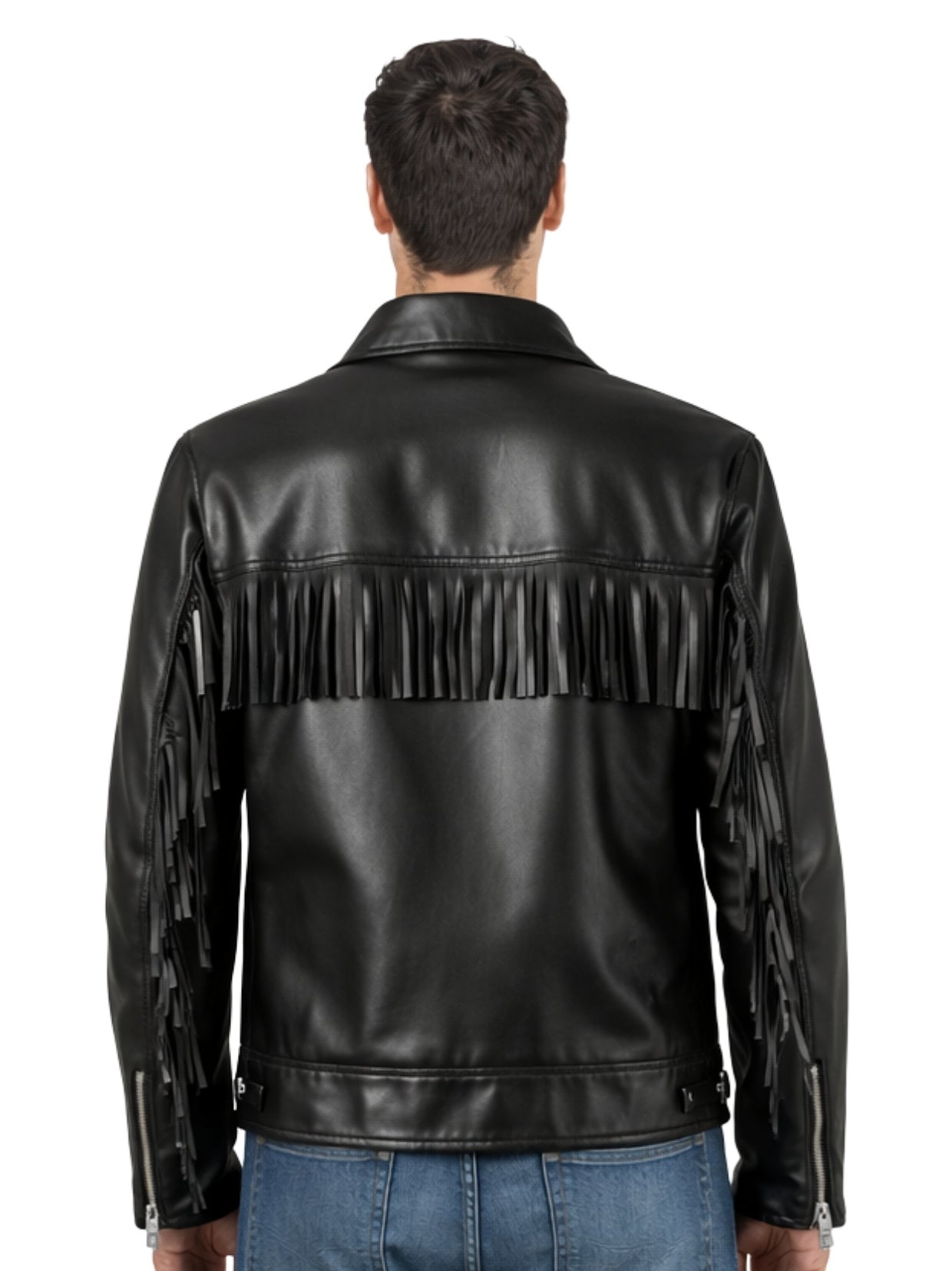 Back view of men’s black leather jacket with shoulder and sleeve fringe