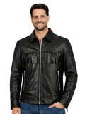 Men’s black genuine leather Western fringe jacket, front view