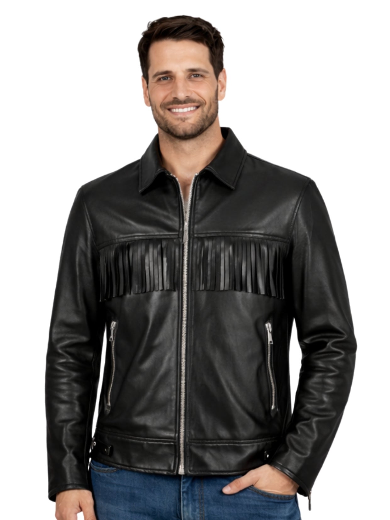 Men’s black genuine leather Western fringe jacket, front view