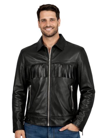 Men’s black genuine leather Western fringe jacket, front view