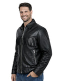 Three-quarter view of men’s black leather Western jacket with chest fringe