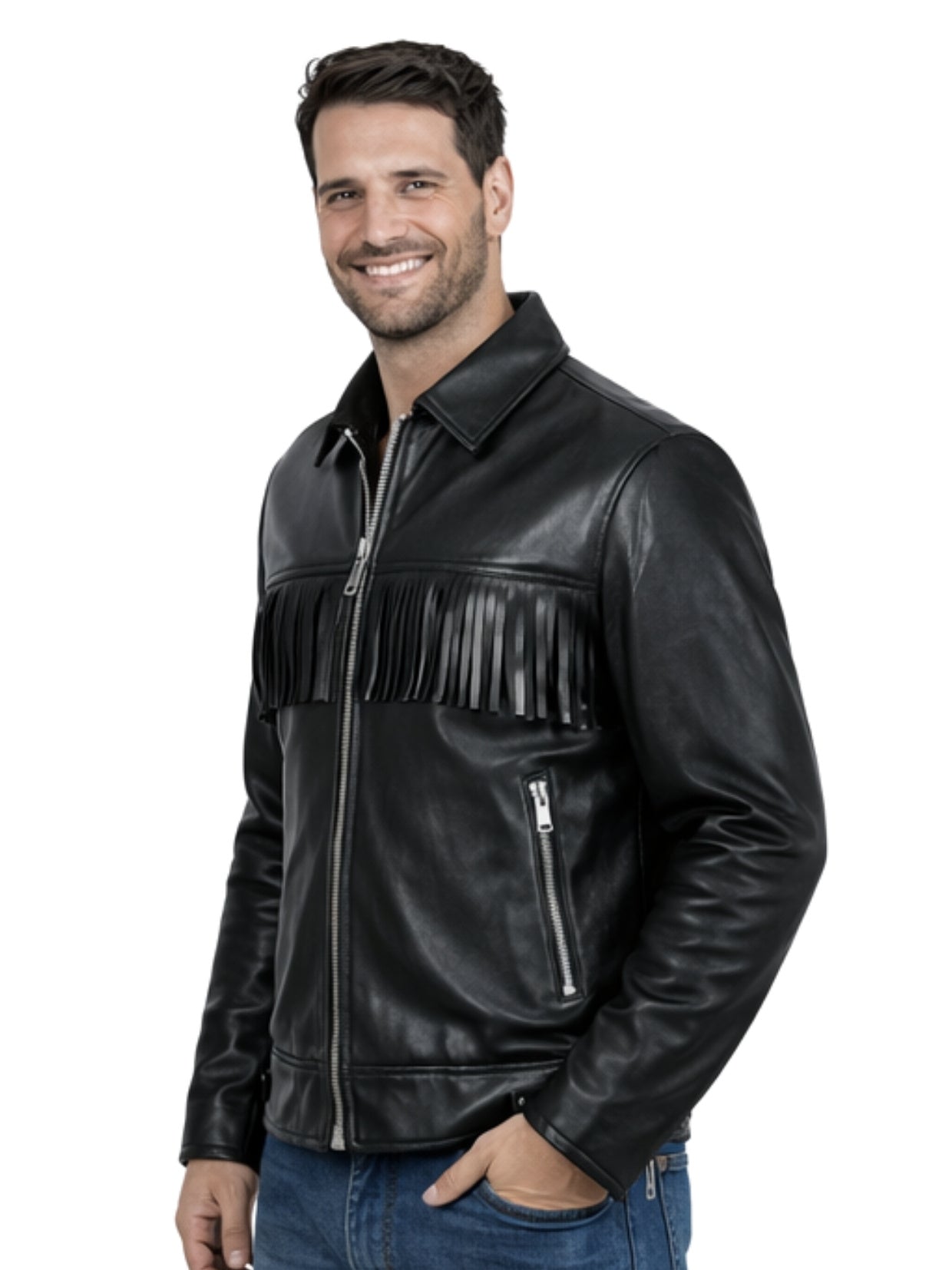 Three-quarter view of men’s black leather Western jacket with chest fringe
