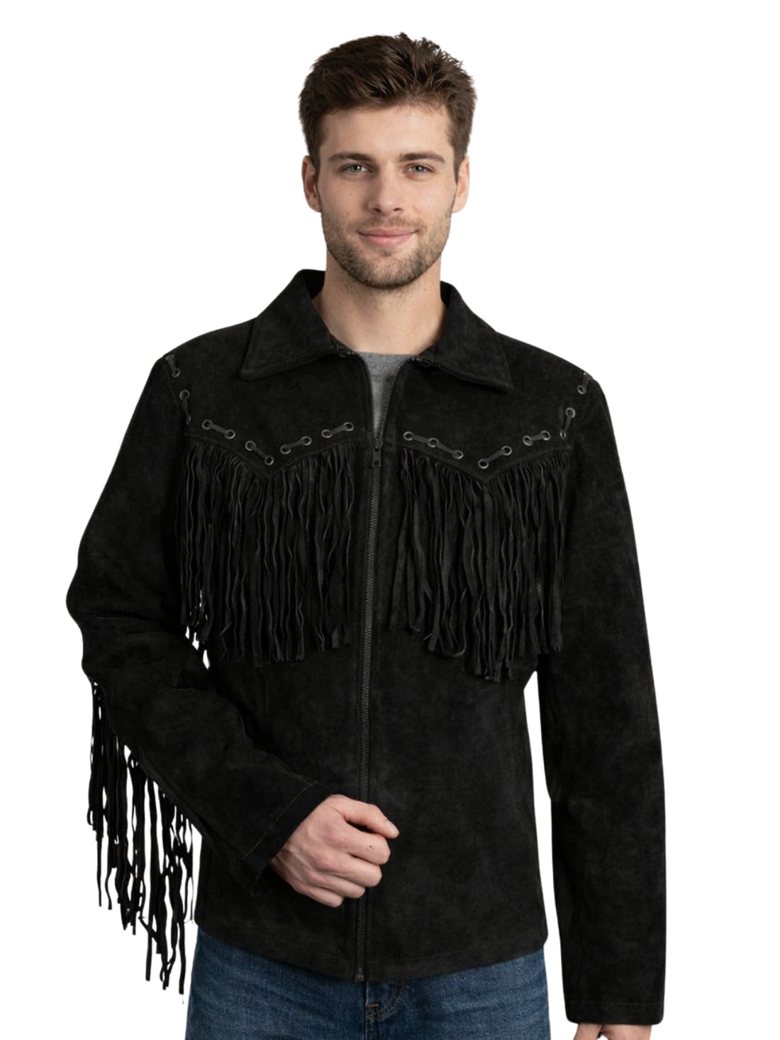 Men’s black suede cowboy fringe jacket with zip front and decorative yoke