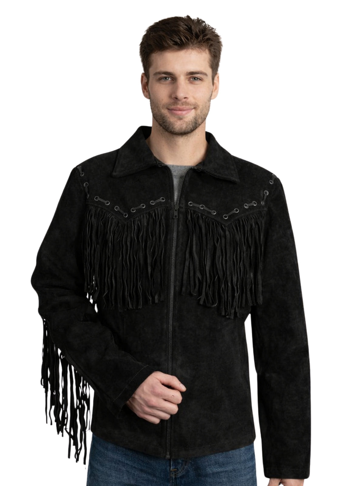 Men’s black suede cowboy fringe jacket with zip front and decorative yoke