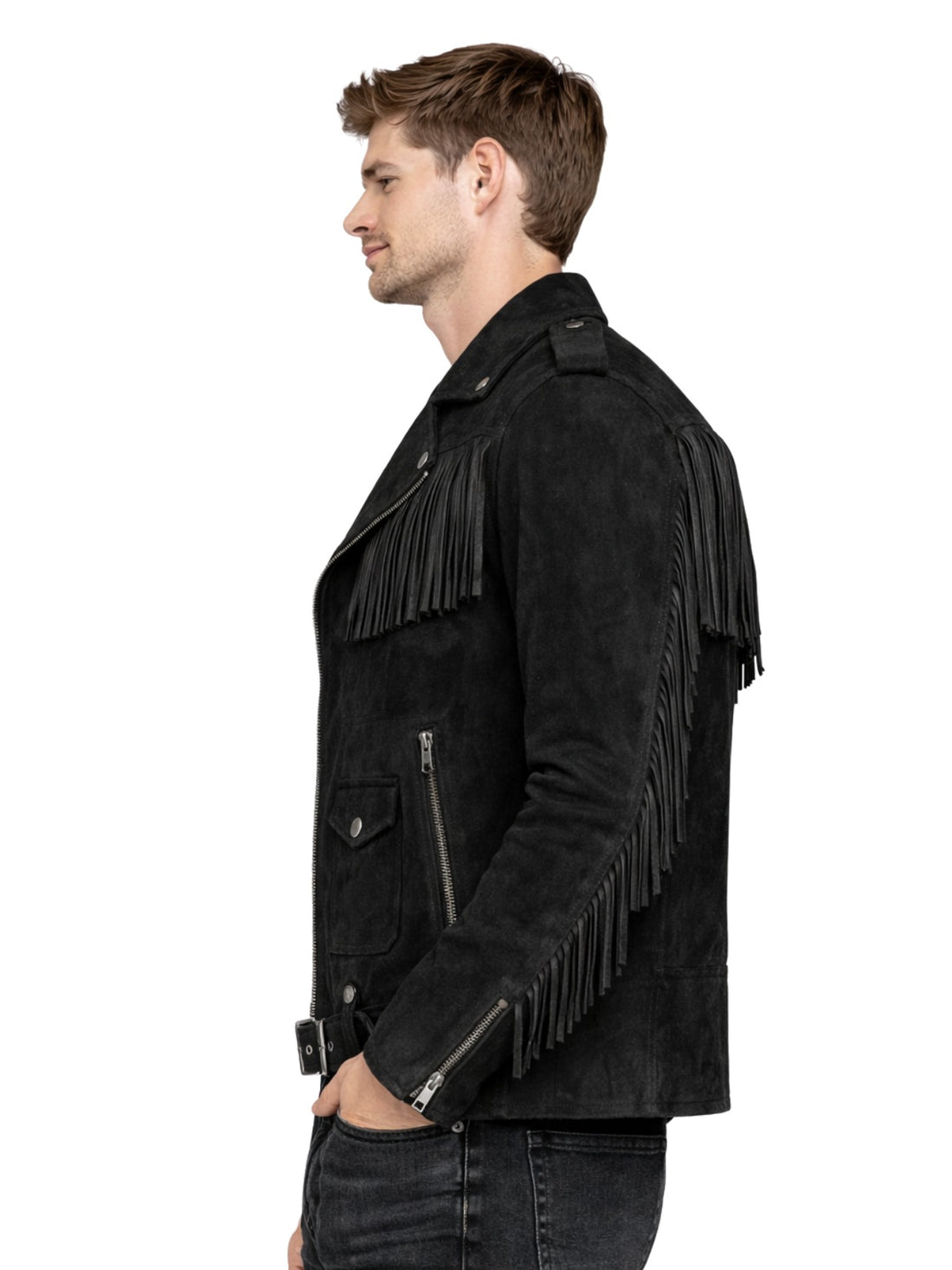 Man wearing a black fringed leather jacket on a white background