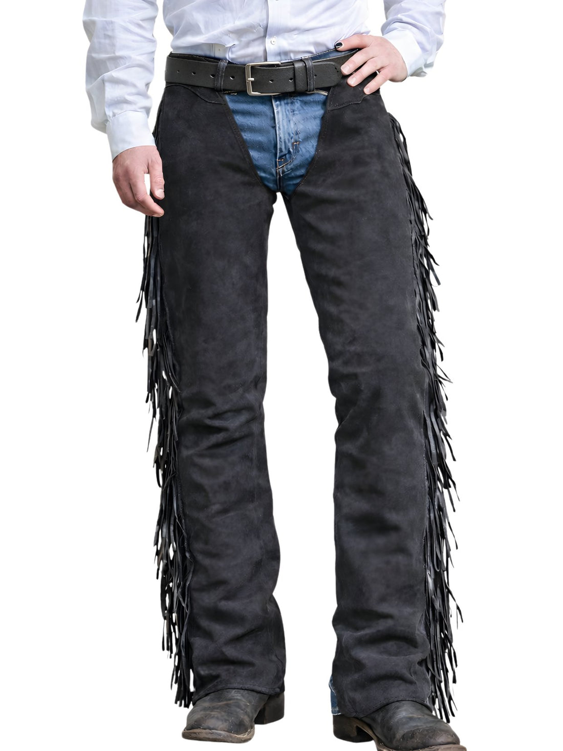 mens black suede western fringe chaps