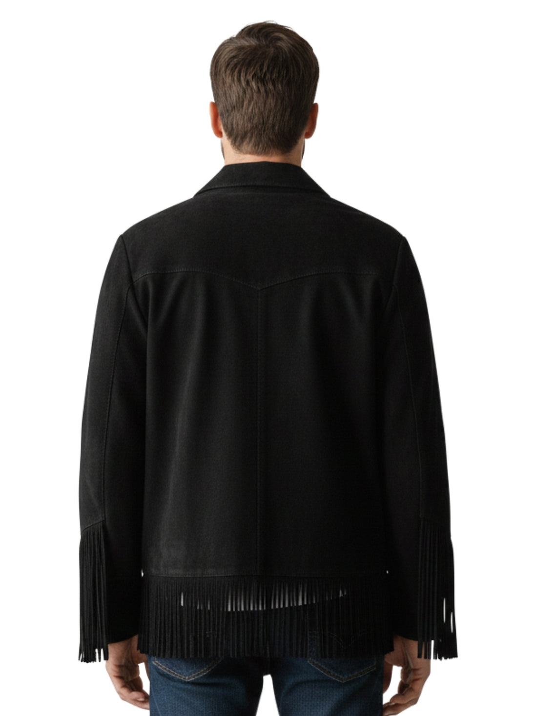 Men’s black suede Western fringe jacket with button front, front view