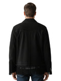 Back view of men’s black suede jacket with sleeve and lower hem fringe